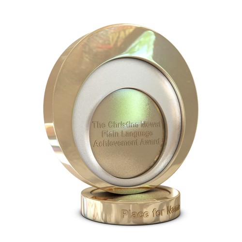Plain Language International design for an awards trophy