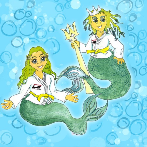 Jiu-Jitsu Martial Art Triton and Mermaid Cartoon