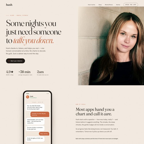 Hush — sleep and mental-fitness app homepage