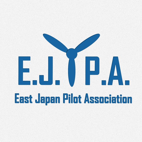 Blue logo with a propeller on light grey background