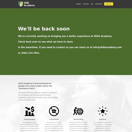 Design a simple and elegant "we'll be back soon" landing page for existing website