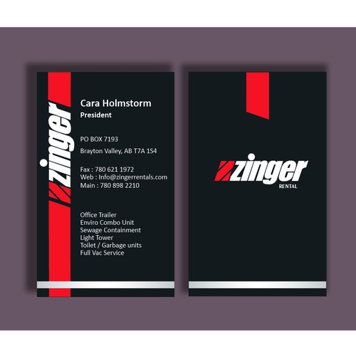 Business Card for Zinger Rentals