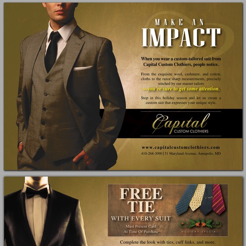 Create a direct mail piece approximately 6.25 x 9 inches for a menscustom clothier shop that feels elegant