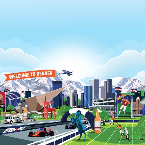  Illustrate a "Where's Waldo-style" mural of Denver, CO with iconic city elements