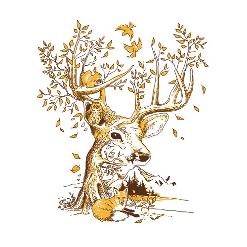 Deer & Nature Illustration - 2 colors for screenprinting