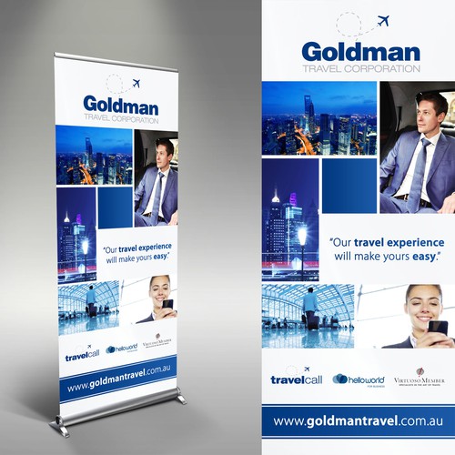 Create a corporate and edgy pull-up banner for Goldman Travel Corporation