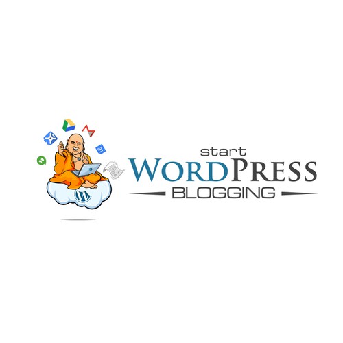 Create A Fun "Techie" Jolly Buddha Riding On A "WordPress Cloud" Typing On Laptop