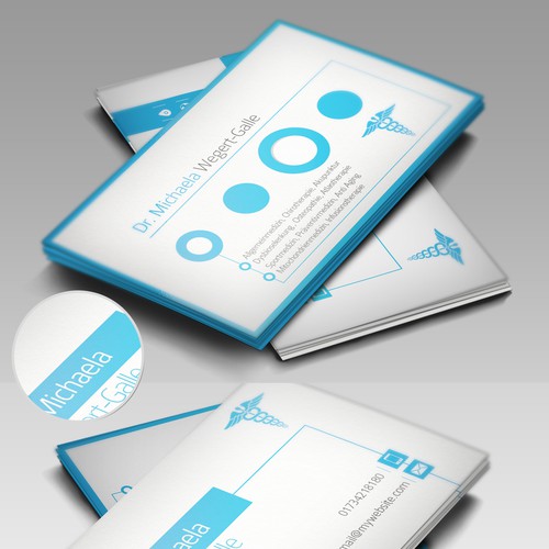 Create a business card that shows strong motivation towards thepatients and give impression he/she is cared for