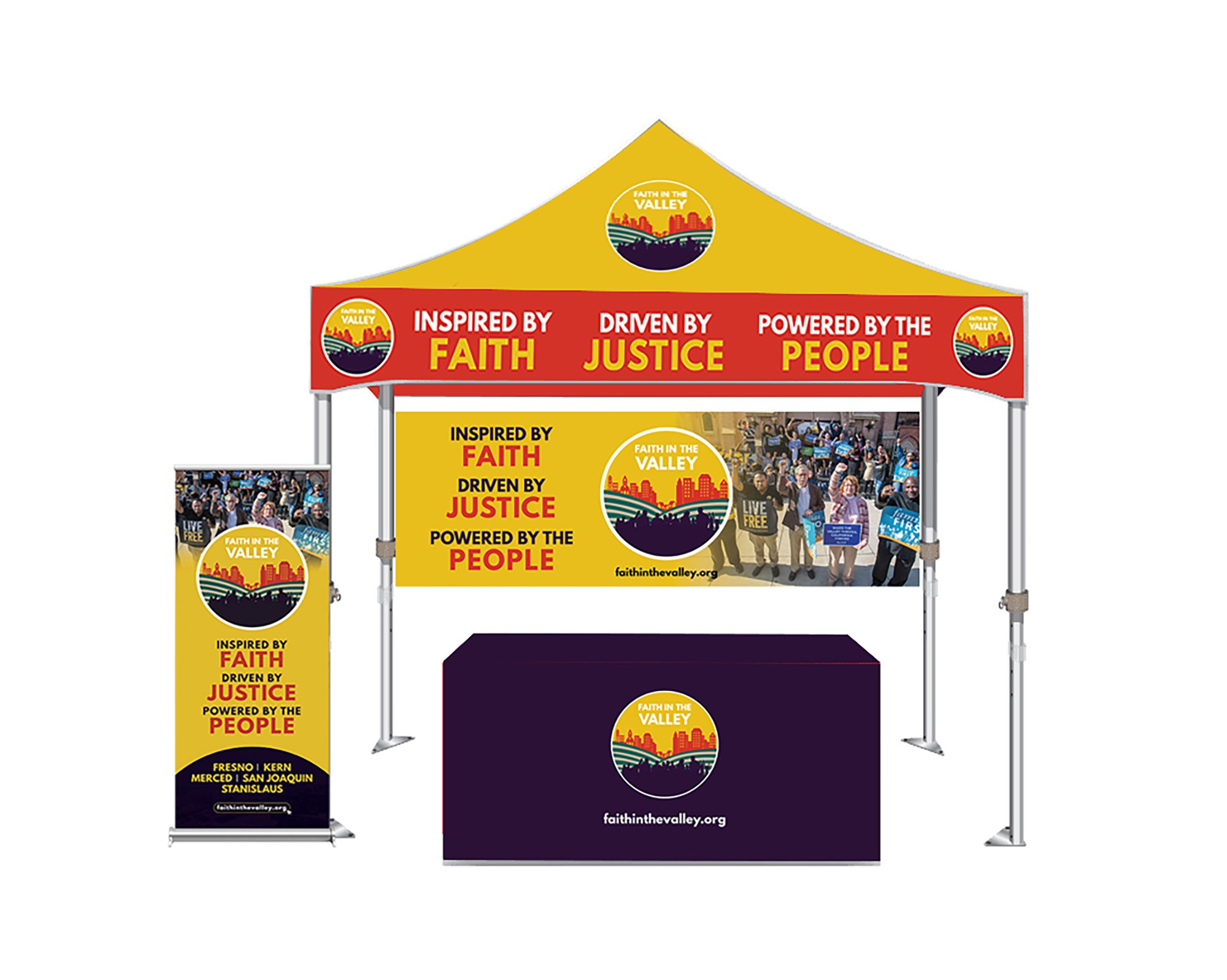 Design a canopy and tabletop cover for a social justice organization