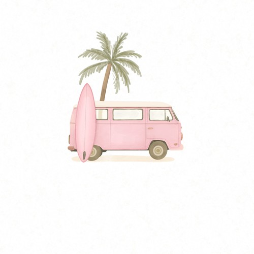 Light pink Vintage van - beachy water-color paint graphic