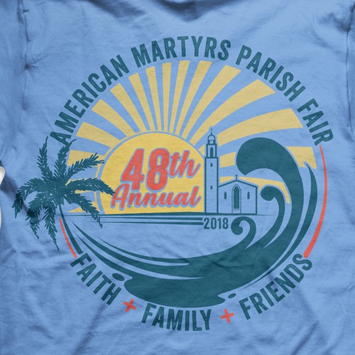 Artwork for American Martyrs Parish Fair - 48th Annual 2018. Church Fair with a Beach feel , Artwork vintages style are for a high-end beach community (Southern California) annual church fair. The name is "American Martyrs Parish Fair" 