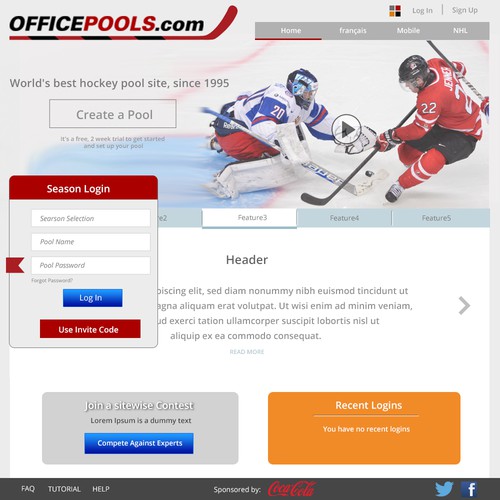 Landing page for fantasy sports website