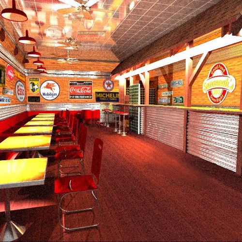 Create the next art or illustration for Retail BBQ fast food chain - need rendering of store interior and outside