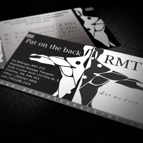 Create the next logo and business card design for Pat on the Back RMT