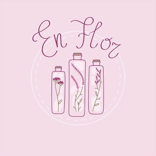 Logo for organization that sells handcrafted preserved herbs and flowers contained in a cylinder glass bottles