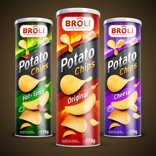 Vibrant creative label needed for our Broli ptato chips in tins.