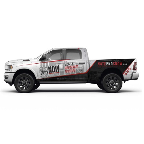 Design a truck wrap for a pickup truck that tows a mobile Holocaust museum