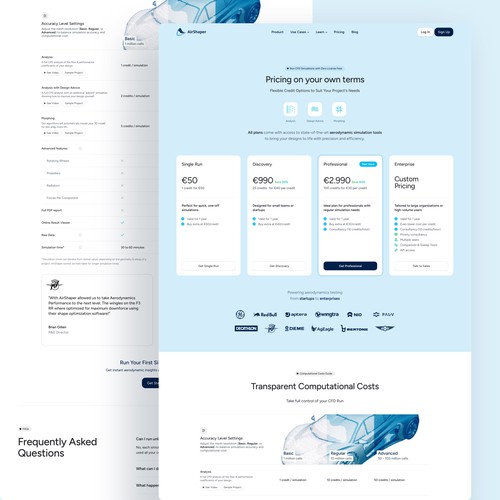 Pricing Page for an Aerodynamic Simulation App