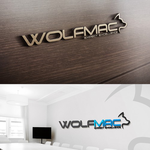 Create a modern Logo for Wolfmac , with a wolf and the wording incorporated in it WE are top qualito