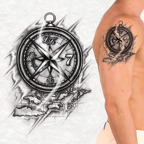 Compass tattoo with four elements.