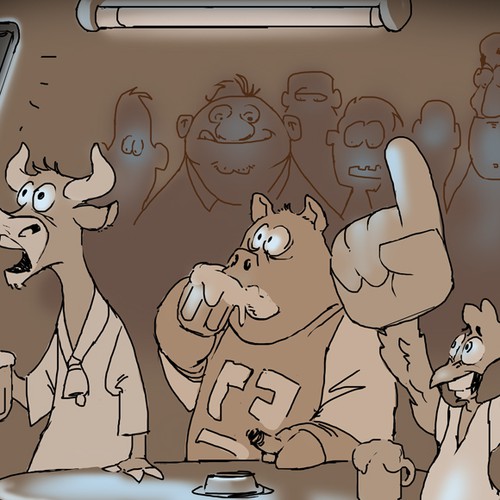 Funny Cartoon Illustration - Cow, Pig and Chicken in a Bar
