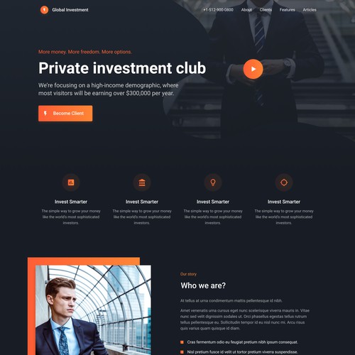 Dark, clean, and minimalist landing page for the investors 