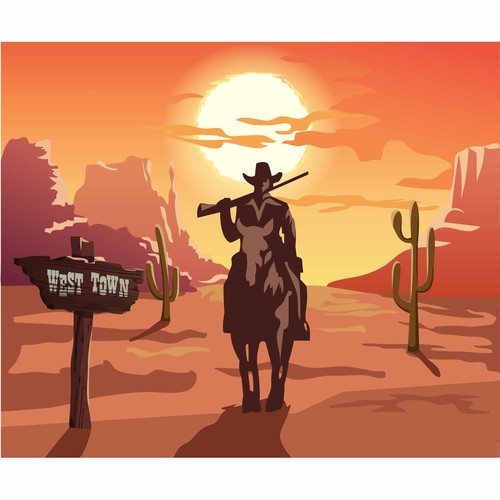 Cowboy western sunset illustration