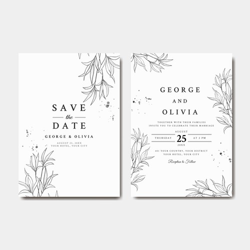 Elegant wedding invitation template with line art leaves