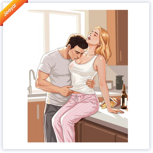 Contemporary Romance Character Art - Kitchen Scene Book Cover