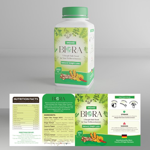 Biora natural weight loss supplement label design 