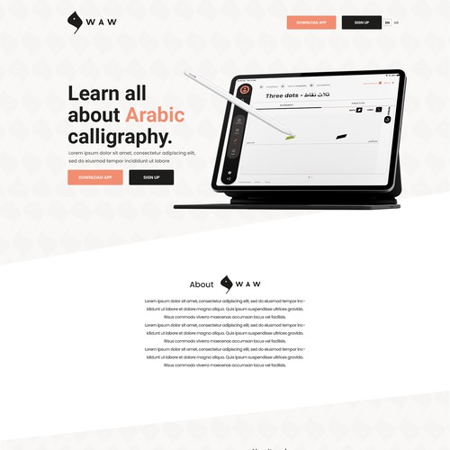 landing page for an app that teach you Arabic calligraphy