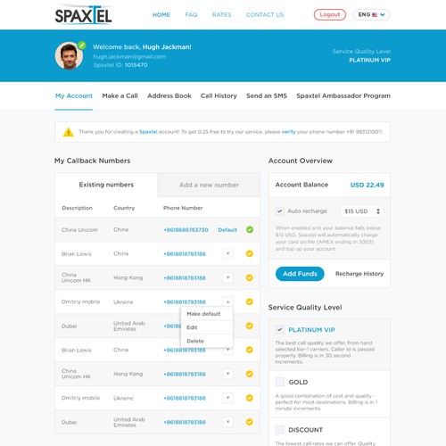 Spaxtel user experience and functionality once logged in