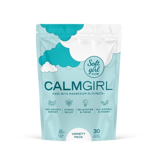 Packaging design for a new wellness supplement, "Calm Girl", by Soft Girl Club.