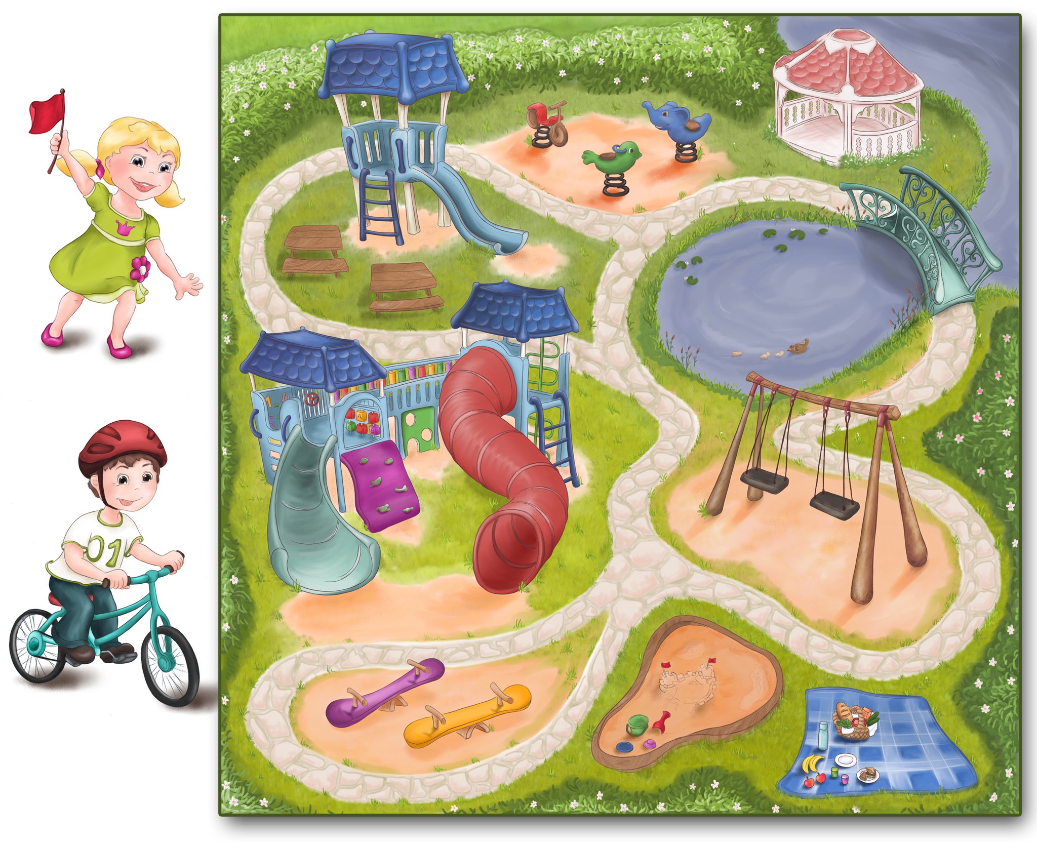 Create an interactive story telling set with board and characters