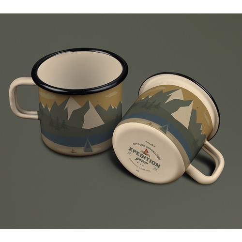 Design a vintage enamel mug for a premium camping/hiking company