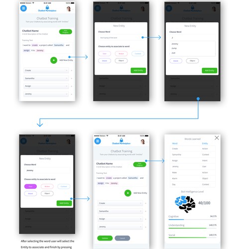 Mobile flow and design for chatbot training web app