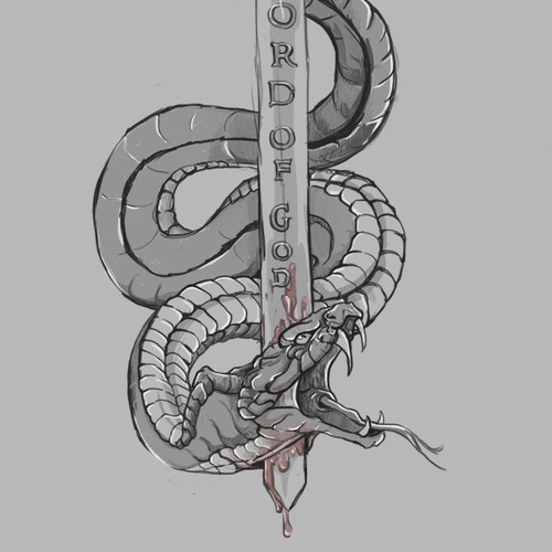 Sword piercing head of serpent