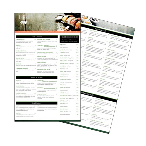 Clean design for a menu for a Sushi Restaurant