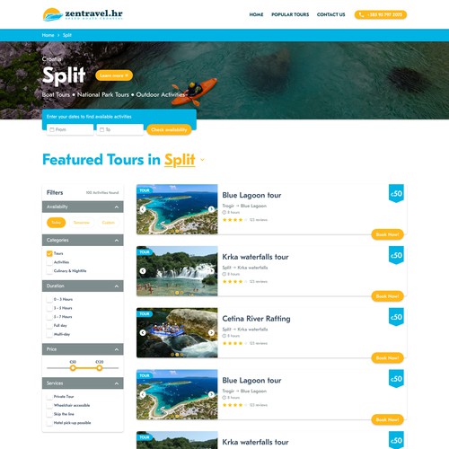 Tours Listing page -with filters- List view for for Zentravel - Boats Tours & Charters