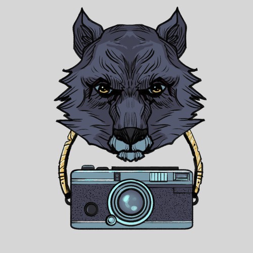 Create a strong male wolf surrounded by photography.