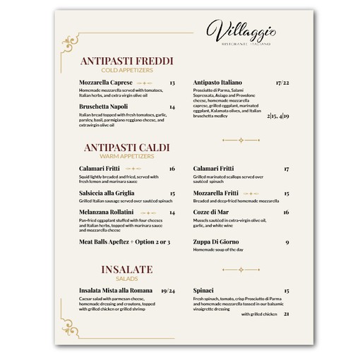 Italian restaurant menu