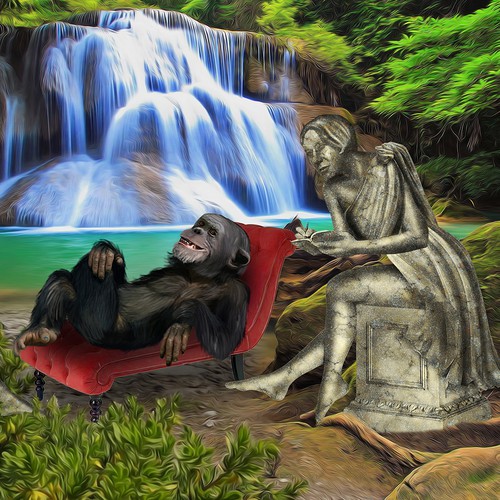 Create ARTISTIC, SURREAL image! A chimp in therapy? 2 statue like women? Cool!