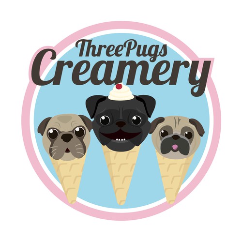 Cute logo for Three Pugs Creamery