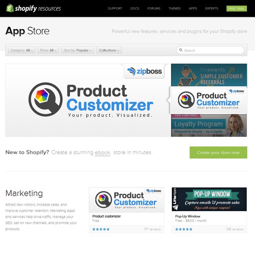 Create a high traffic Shopify App Banner for ZipBoss' new Product Customizer