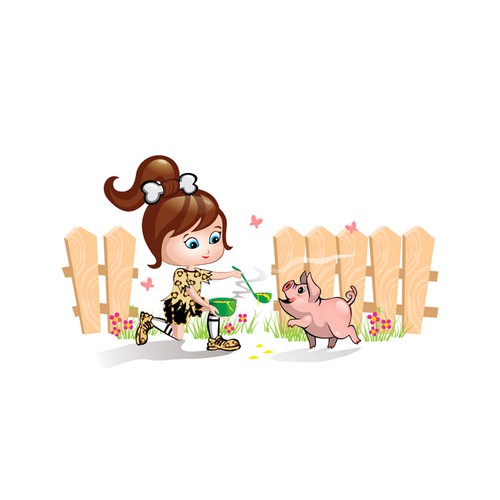 cavegirl and her pet pig eating soup