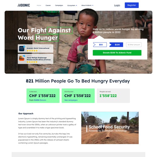 Landing page design for a charity organization 