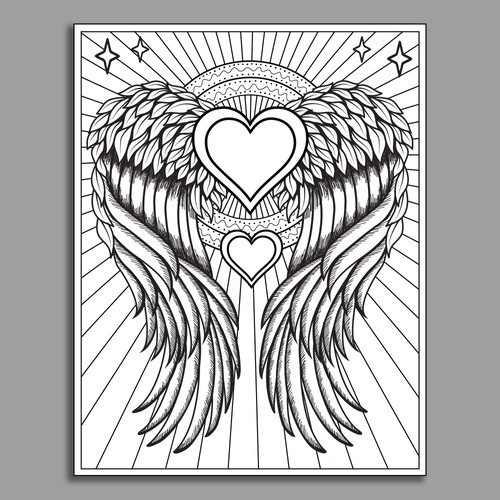 Flying heart design for colouring book