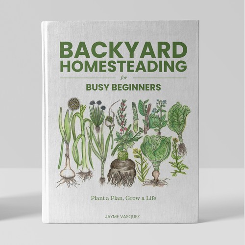 Illustrative watercolour book cover for Beginners Homesteading