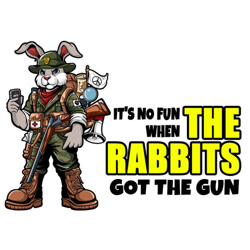 A mascot of a rabbit in hunting gear or military gear.