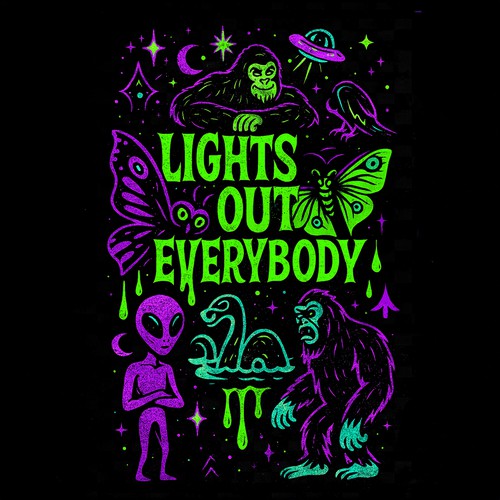 Psychedelic Neon Cryptid Art Featuring Bigfoot, Aliens, UFOs & Mothman (This Design Is Available For Sale) 